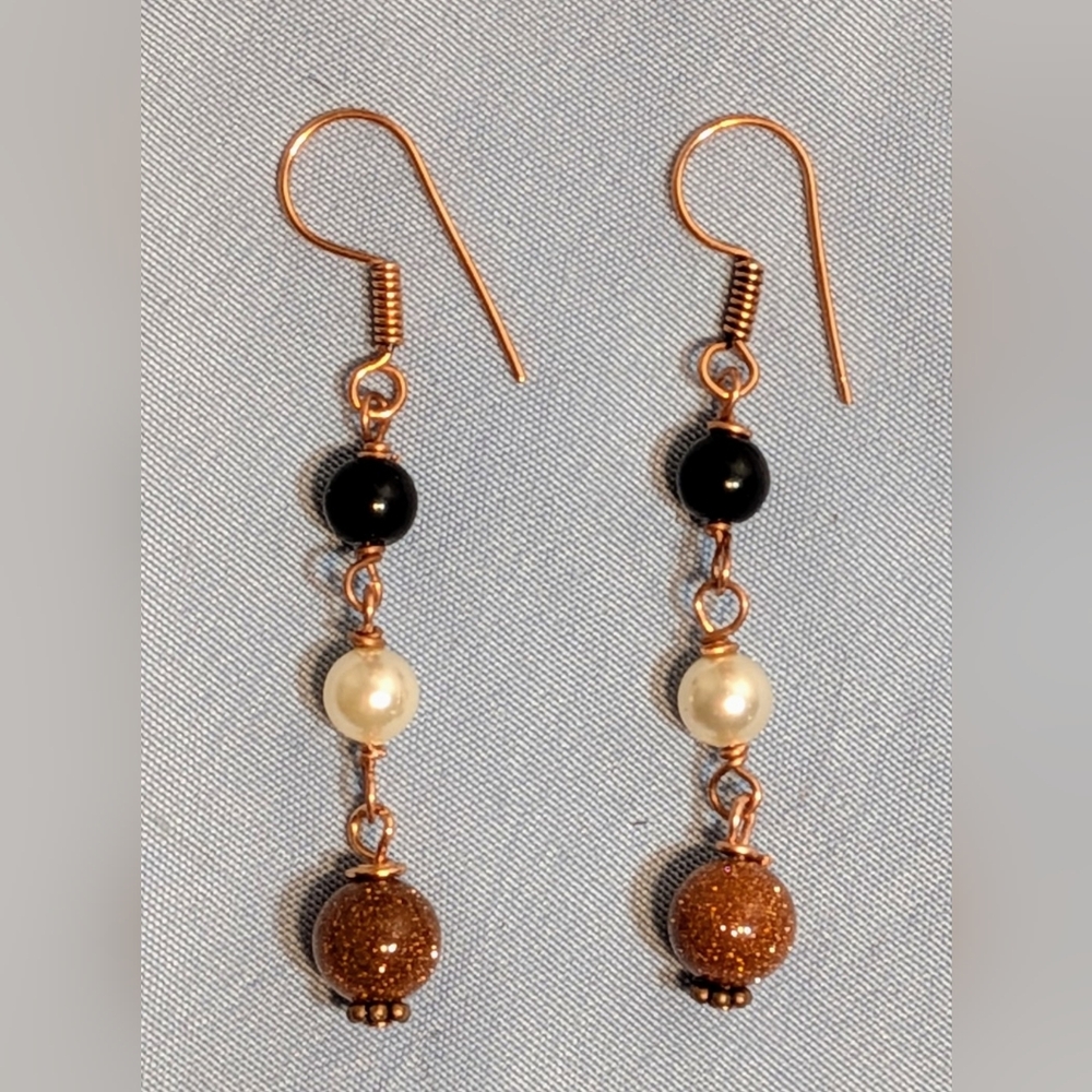 Goldstone Pearl and Onyx Genuine Gemstone with Copper Earrings, Original Design
